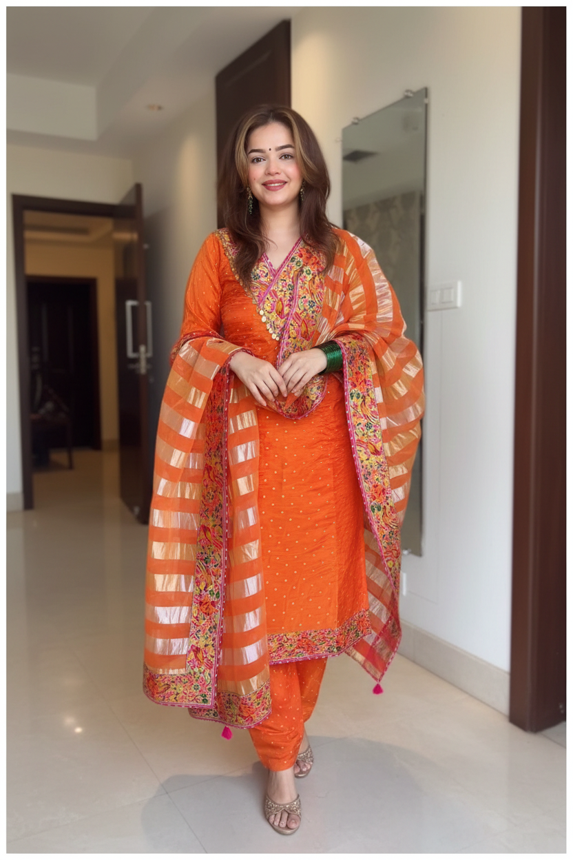 Orange Tissue Meenakari Suit Set