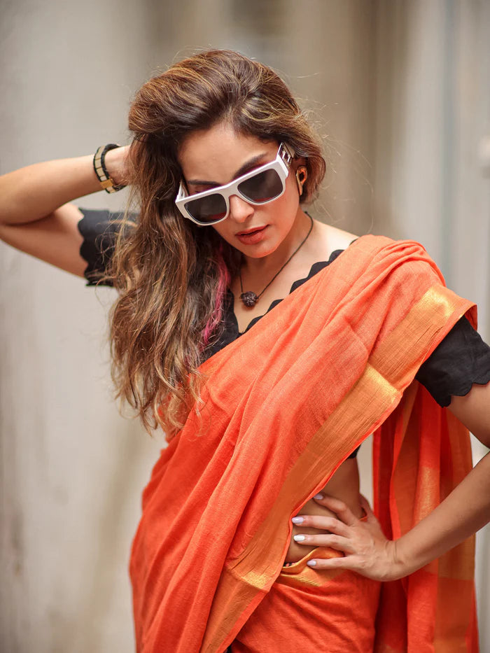 Coral Glow Soft Linen Quirky Saree