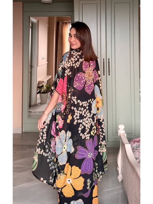 Rangreza Midnight Bloom Draped Skirt with Jacket Set