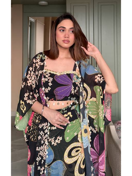 Rangreza Midnight Bloom Draped Skirt with Jacket Set