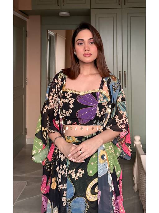 Rangreza Midnight Bloom Draped Skirt with Jacket Set