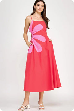 Red Cotton Poplin Side Cut Maxi Dress