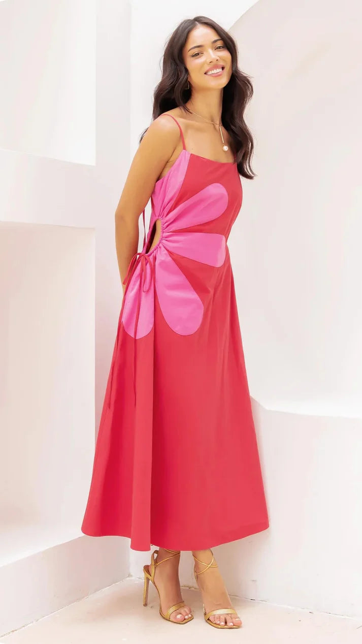 Red Cotton Poplin Side Cut Maxi Dress