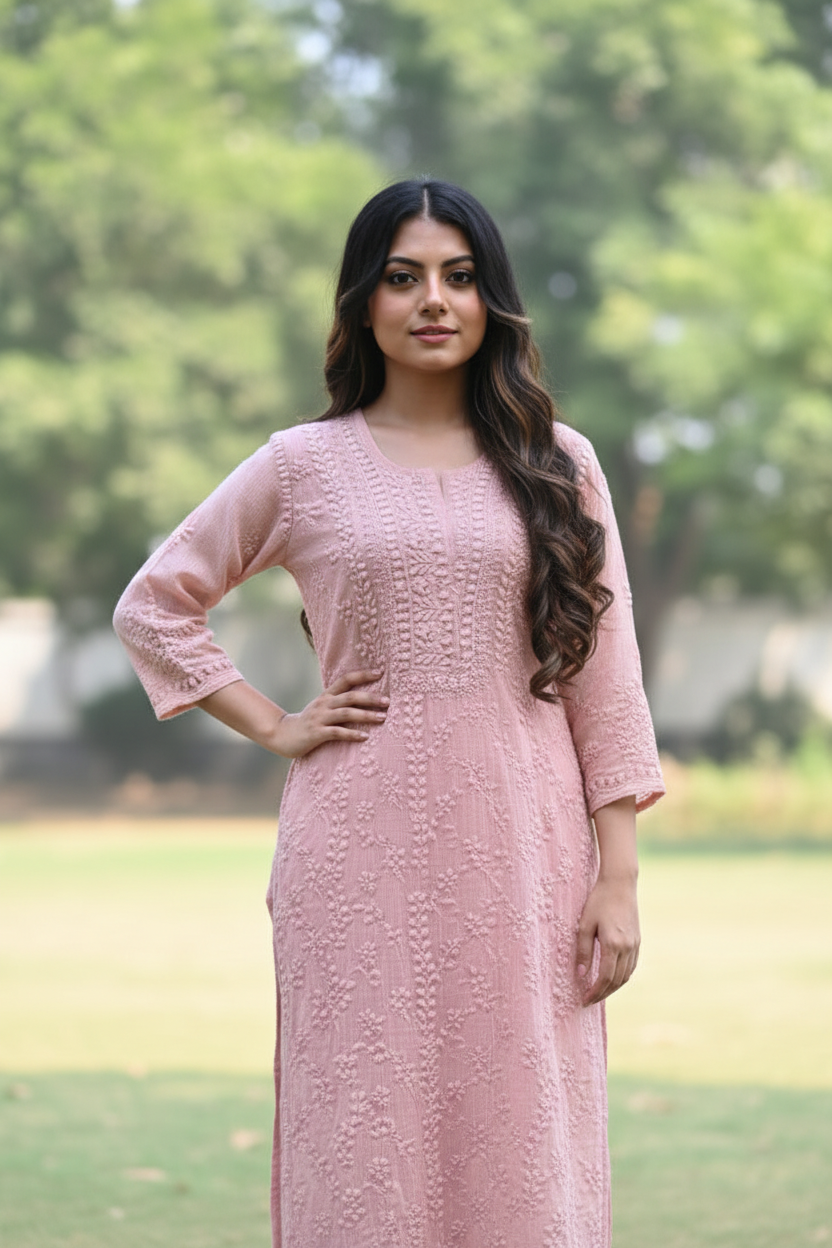 Noor Pista Pure Kota  Chikankari Kurta Set