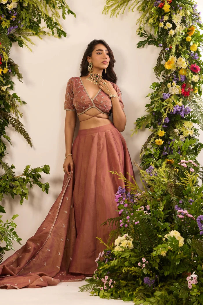 Cinnamon Sheen Embroidered Lehenga Set