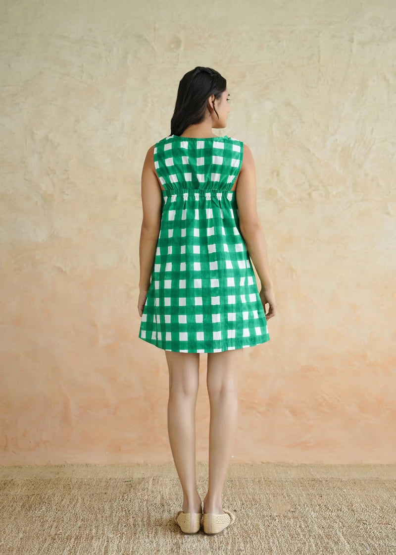 Noor Emerald Checks Cotton Mini Dress