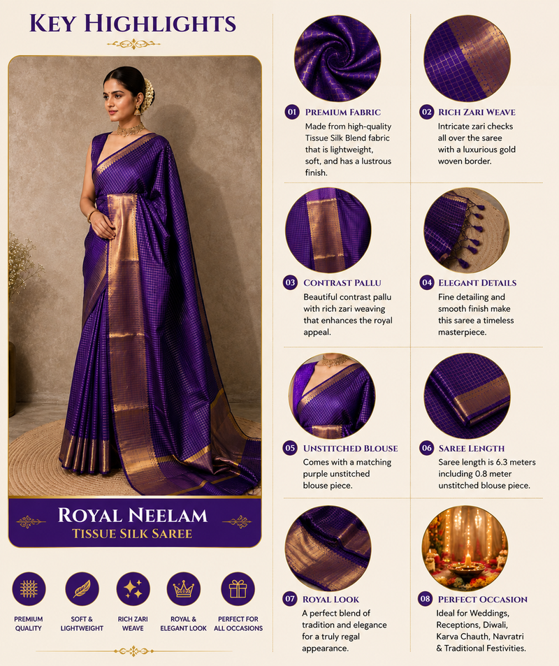 Royal Purple Semi Banarasi Check Saree