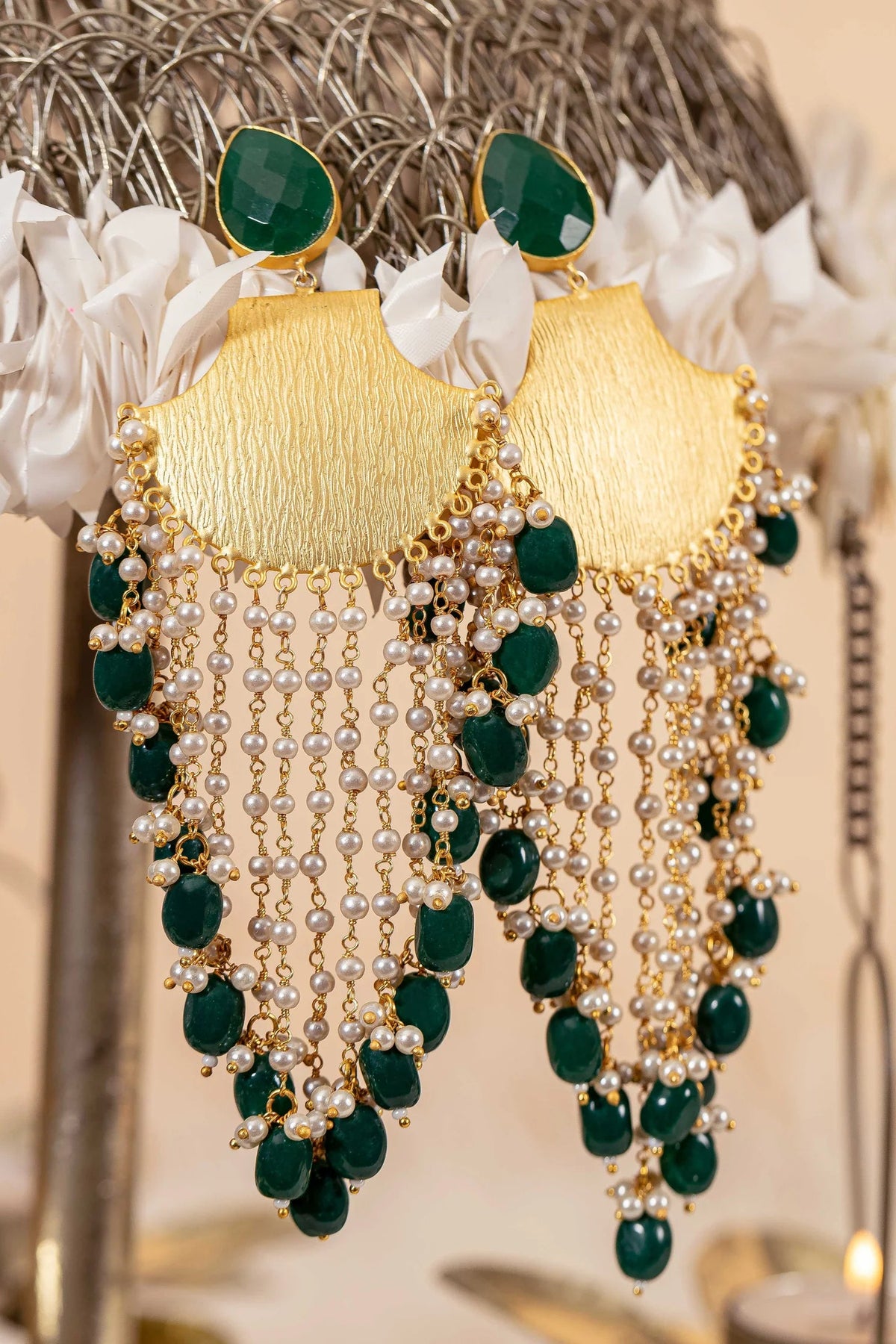 Pearl Cascade Brass Statement Earrings
