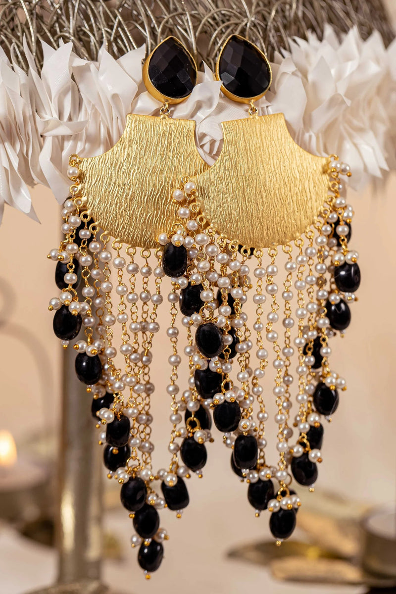 Pearl Cascade Brass Statement Earrings