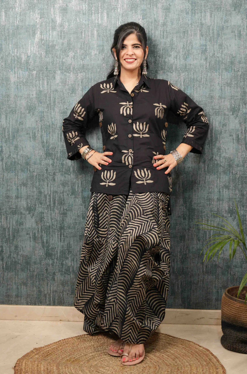 Black Lotus Printed Drape Skirt (Dhoti Style)