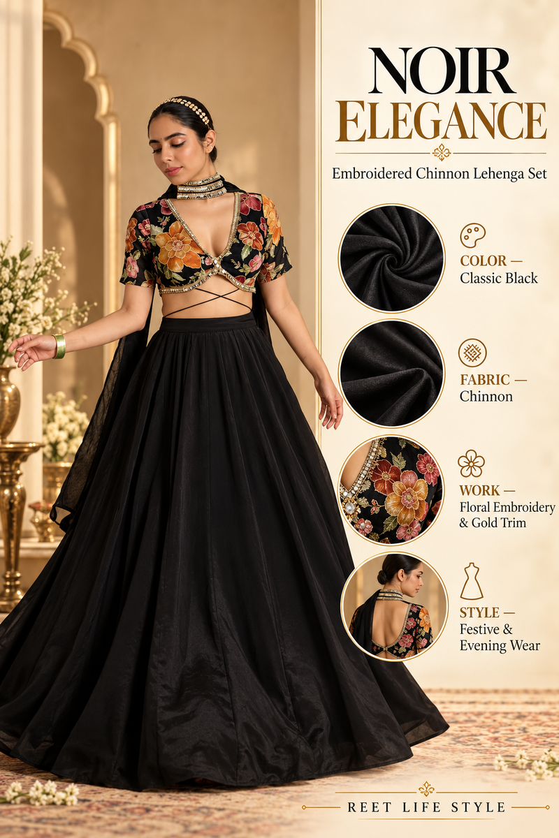 Noir Elegance Embroidered Chinnon Lehenga Set