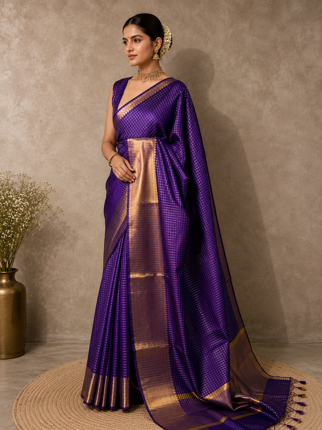 Royal Purple Semi Banarasi Check Saree