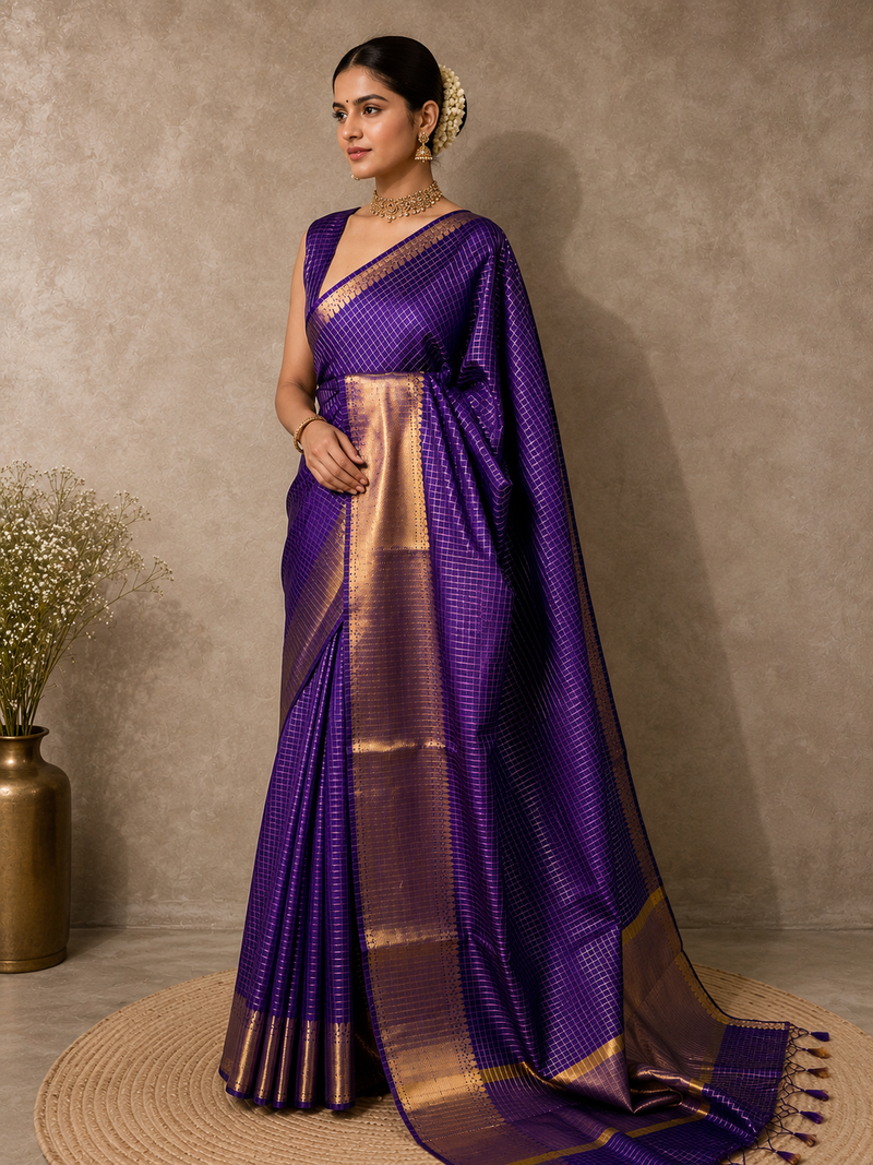 Royal Purple Semi Banarasi Check Saree