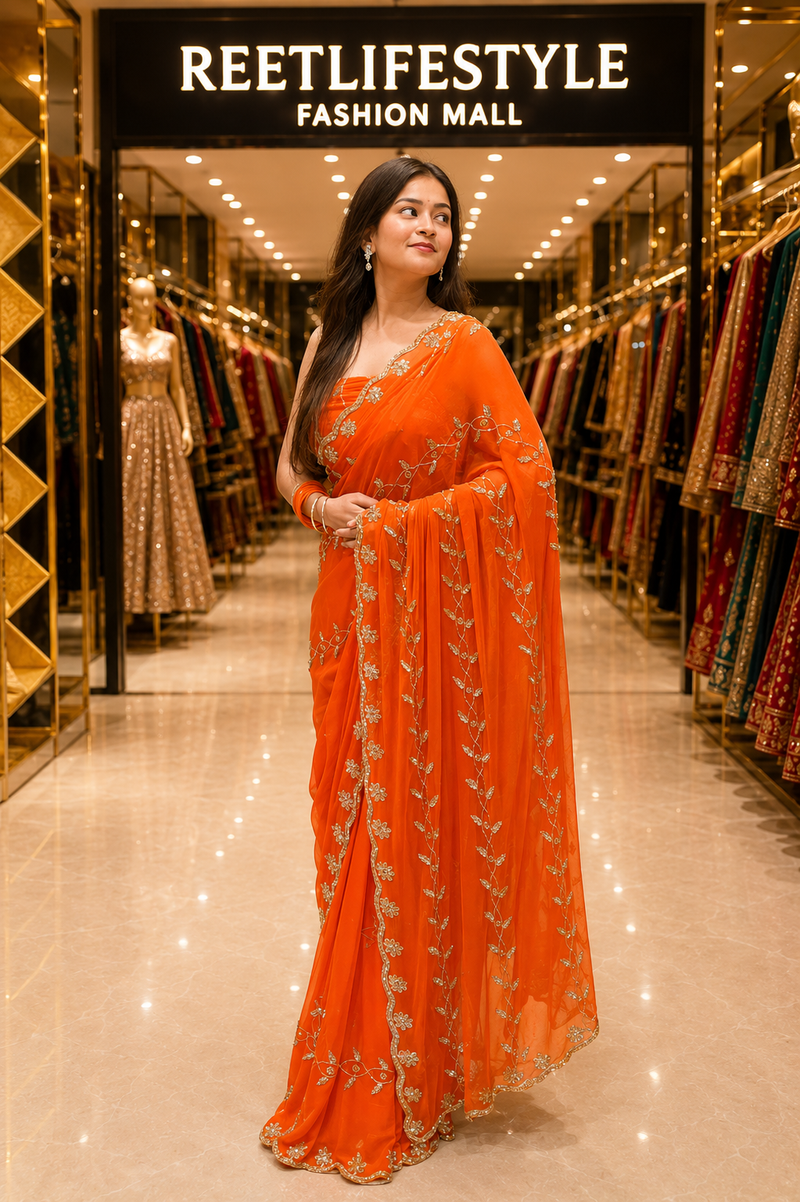 Royal Purple Pure Chiffon Floral Handwork Saree