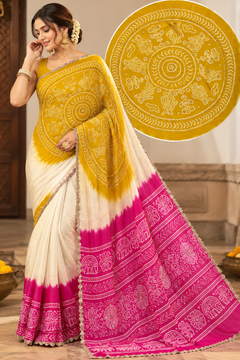 Bandhani Royale Cream & Red Saree with Aari Sequin & Mirror Work
