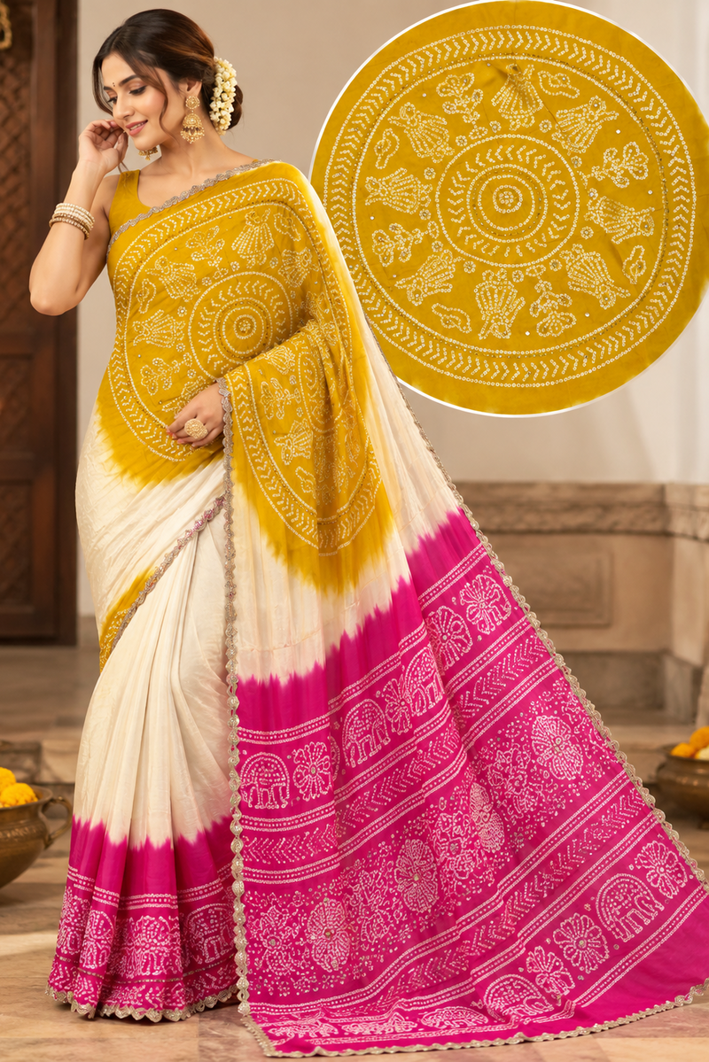 Bandhani Royale Cream & Red Saree with Aari Sequin & Mirror Work