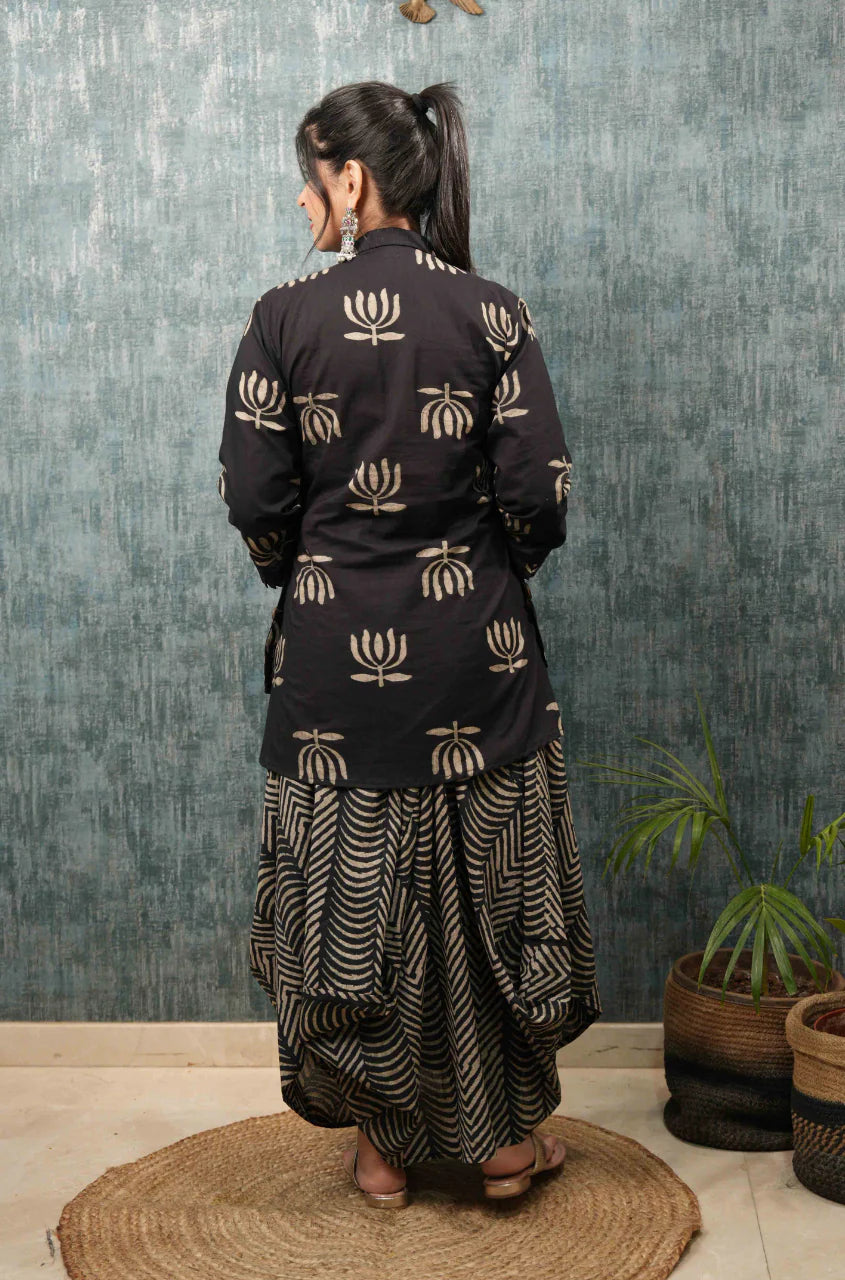 Black Lotus Printed Drape Skirt (Dhoti Style)