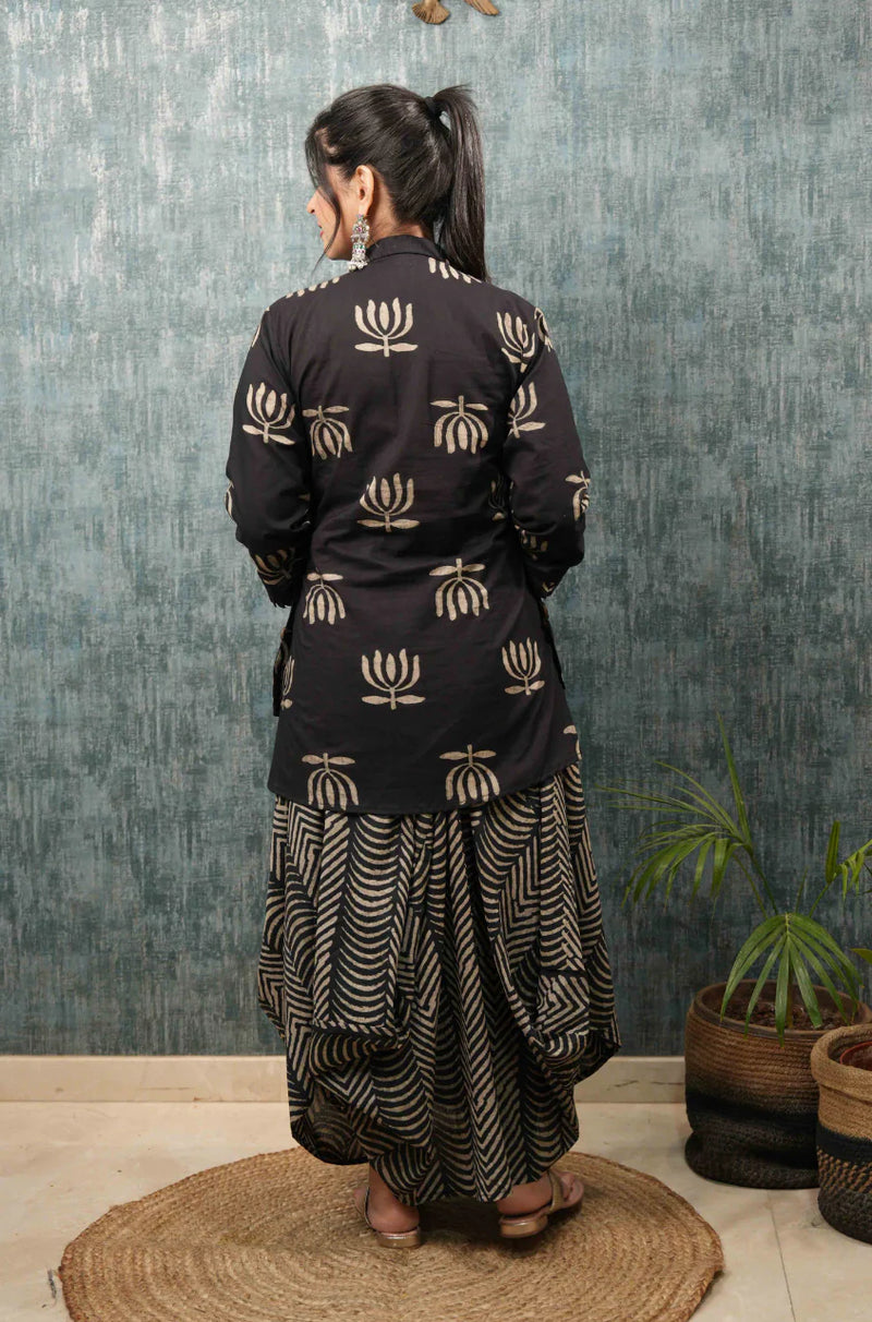 Black Lotus Printed Drape Skirt (Dhoti Style)