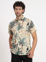 Beige Cotton Floral Printed Botanical Shirt