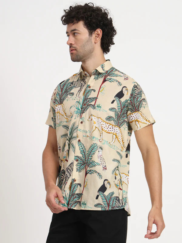 Beige Cotton Floral Printed Botanical Shirt