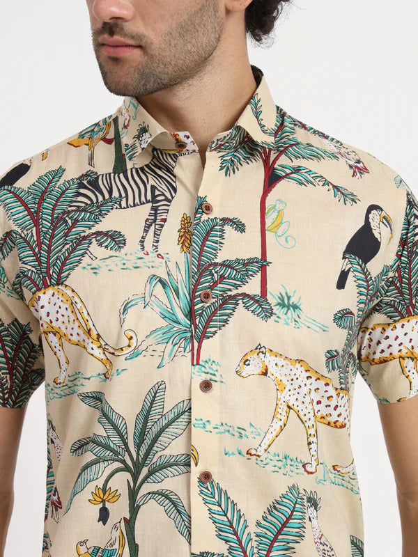 Beige Cotton Floral Printed Botanical Shirt