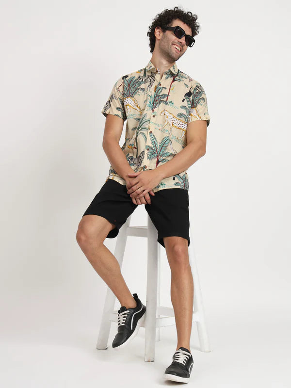 Beige Cotton Floral Printed Botanical Shirt