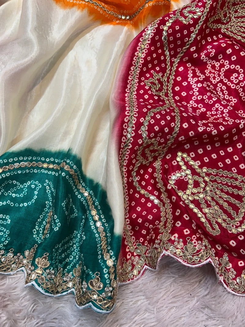 Pure Gaji Silk Multicolor Bandhani Saree with Gotapatti Handwork