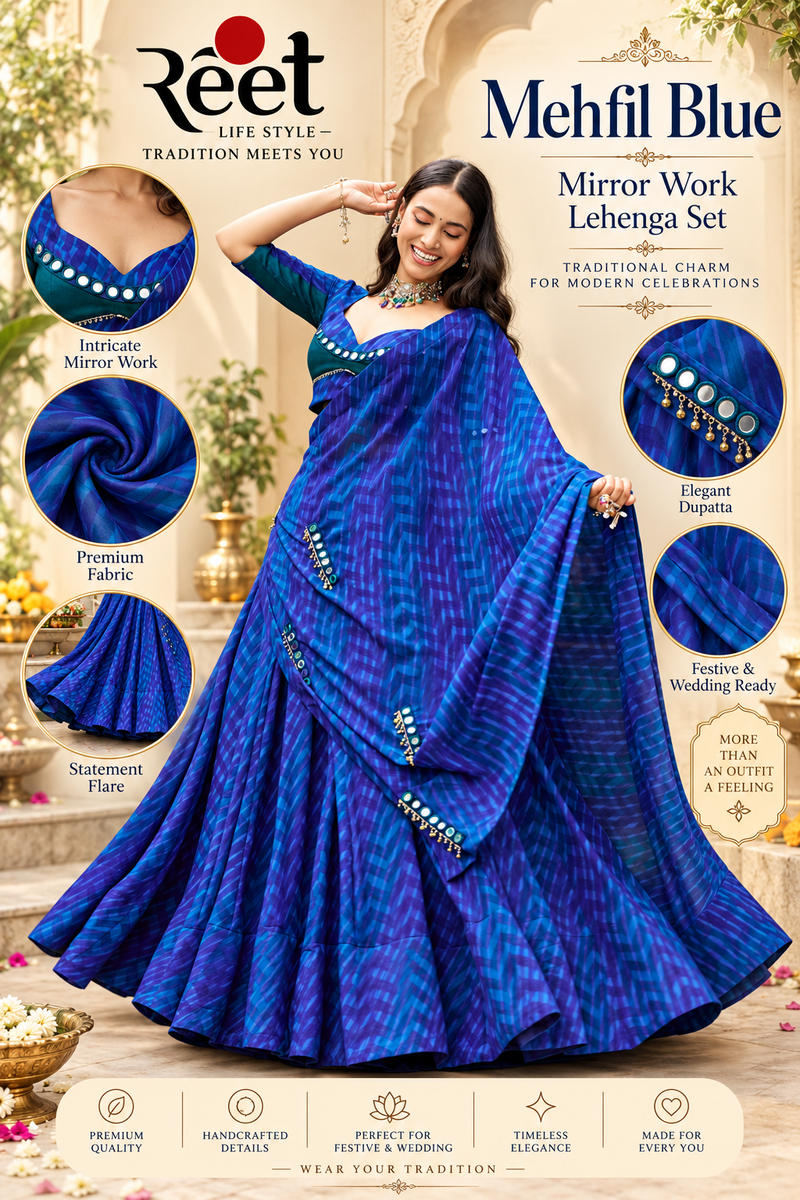 Mehfil Blue Mirror Work Lehenga Set