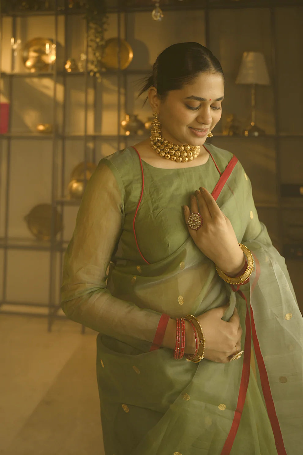 Royal Chanderi Silk Saree with Gold Zari Bootis