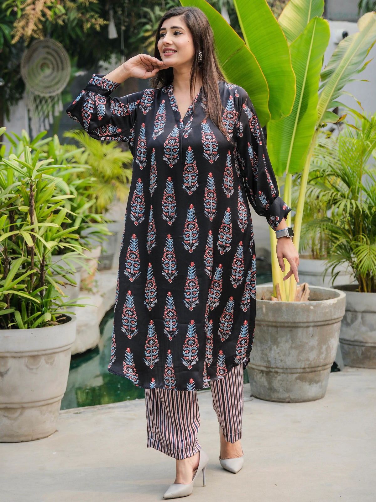 Black Luster Modal Satin Ajrakhi Co-Ord Set