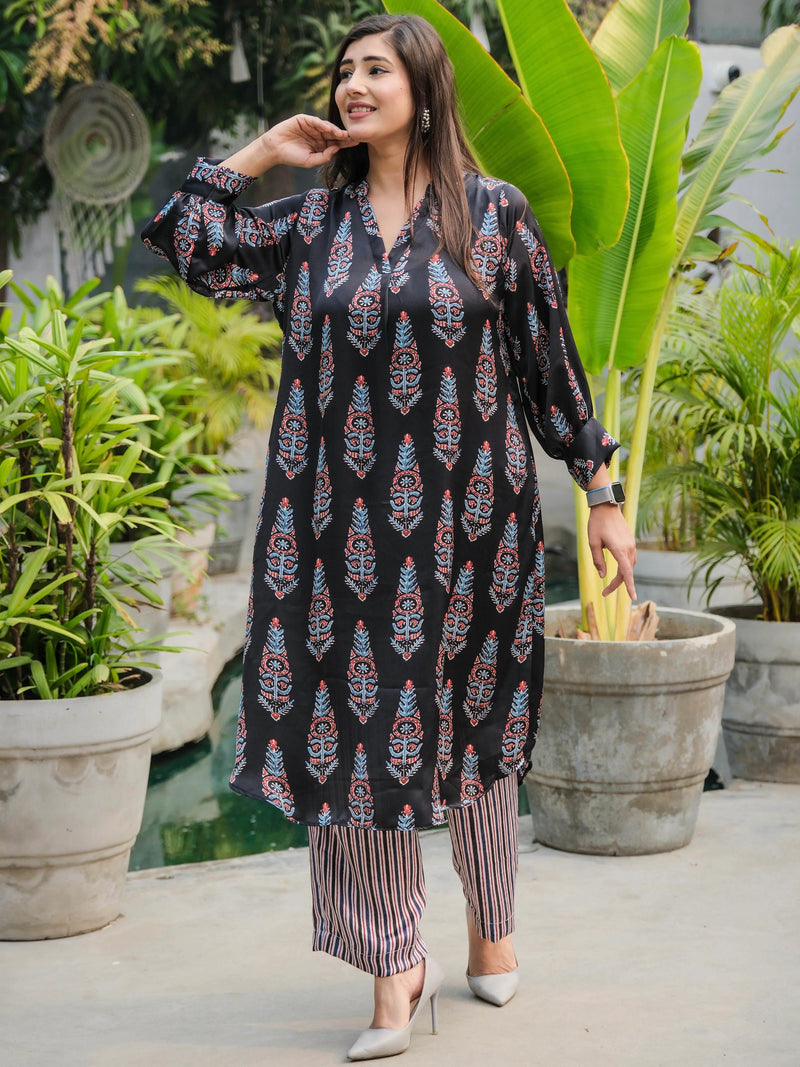 Black Luster Modal Satin Ajrakhi Co-Ord Set