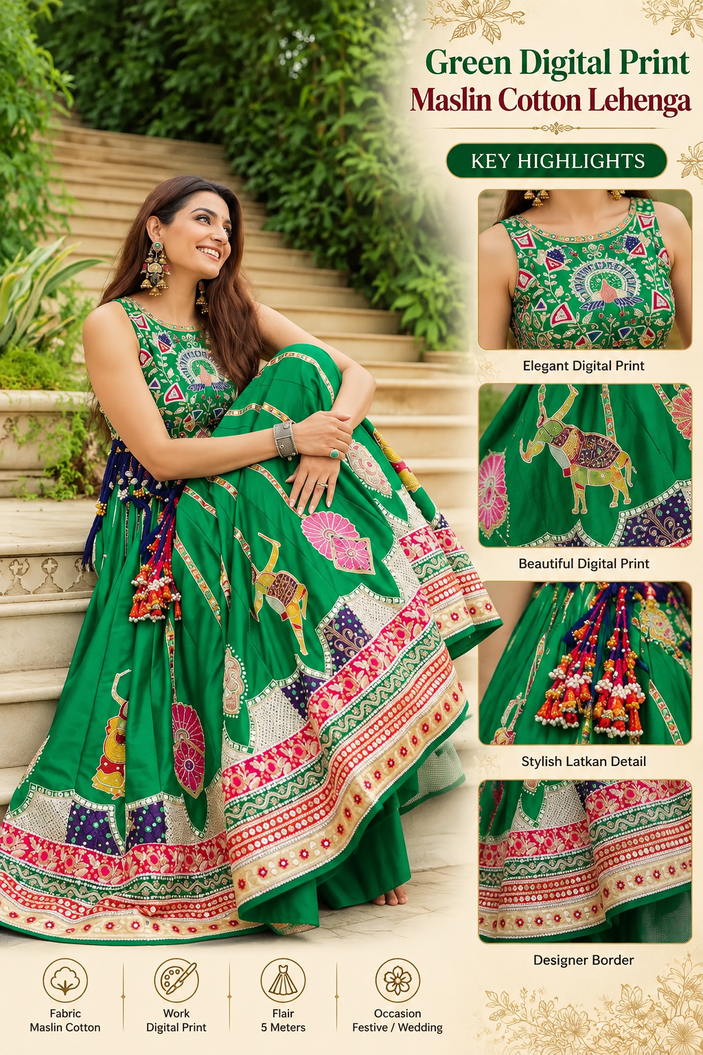 Utsav Green Digital Print Maslin Cotton Lehenga