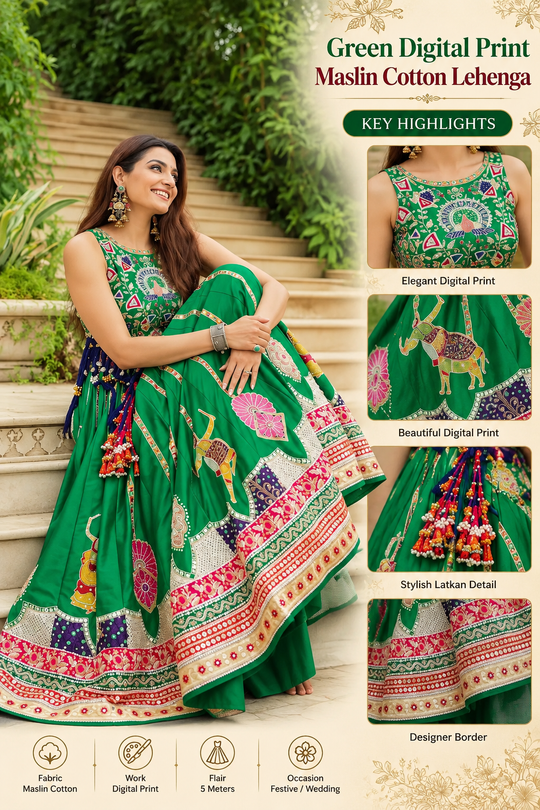 Utsav Green Digital Print Maslin Cotton Lehenga