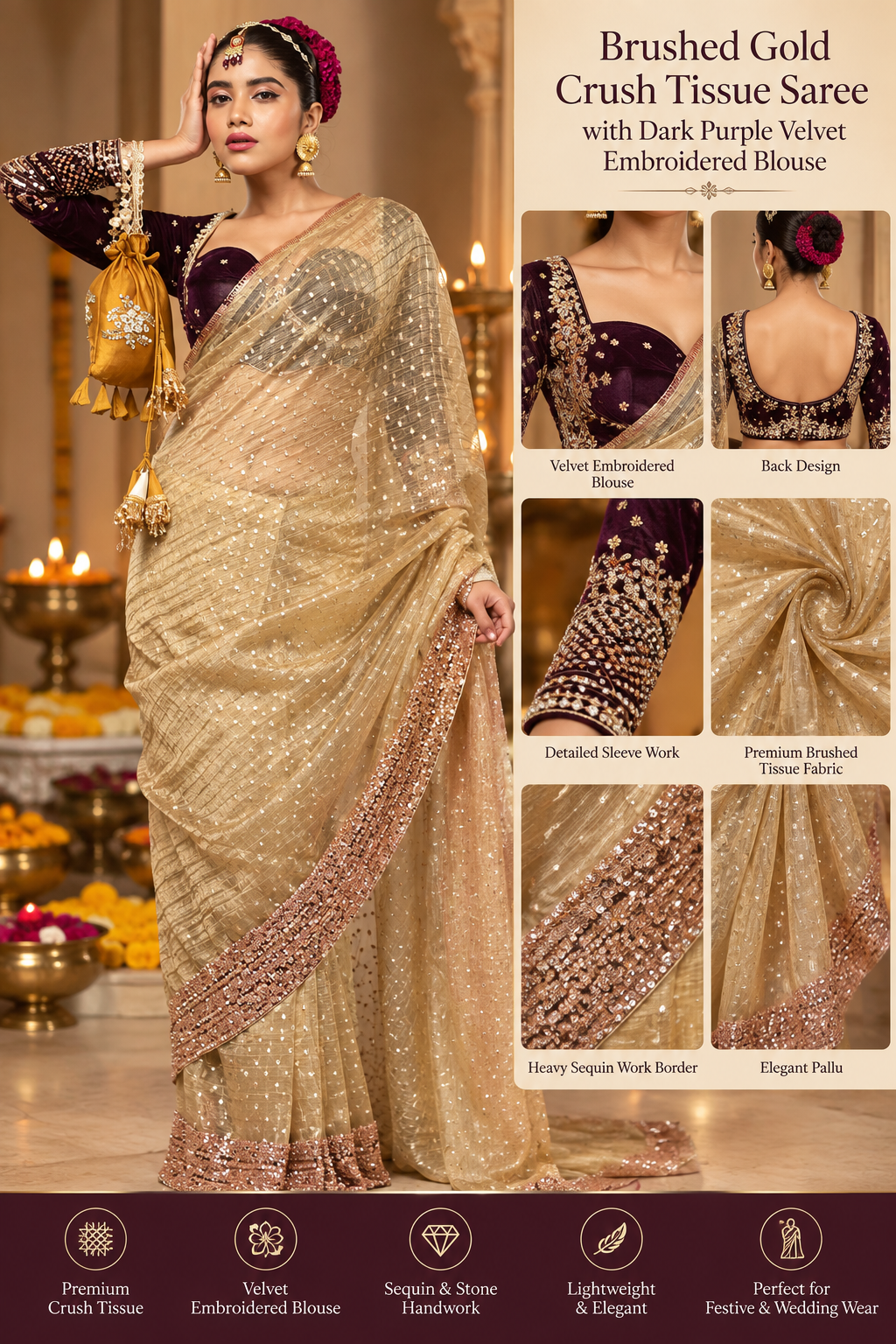 Brushed Gold Crush Tissue Saree with Dark Purple Velvet Embroidered Blouse