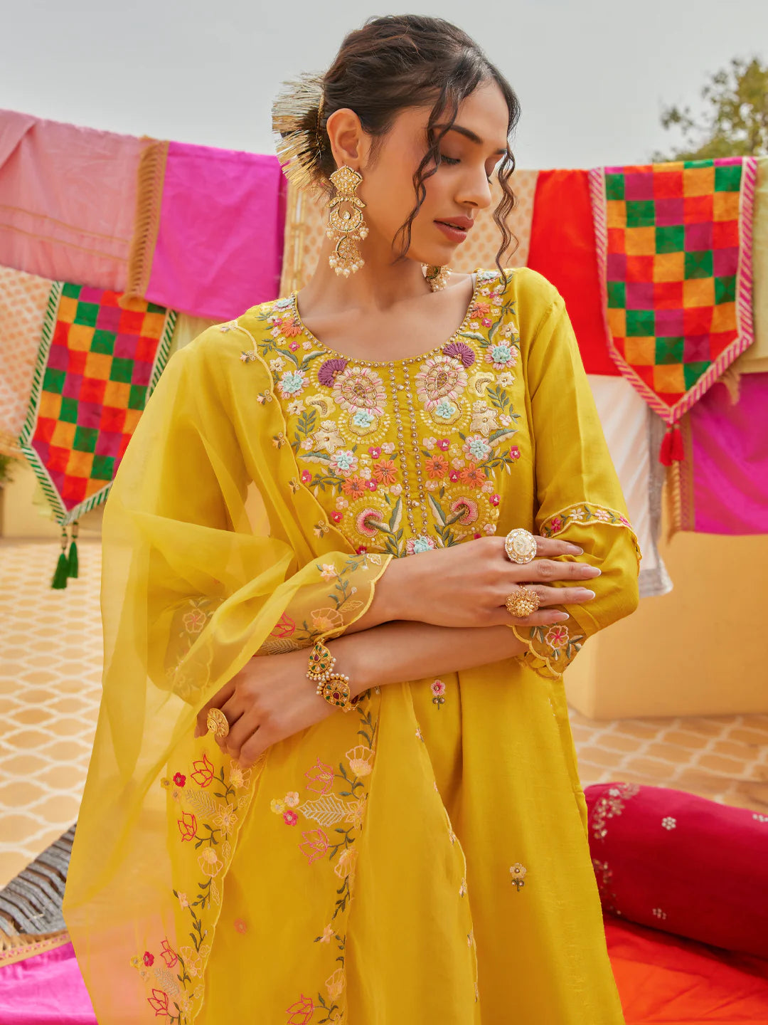 Straight Kurta with Pant & Dupatta - Yellow