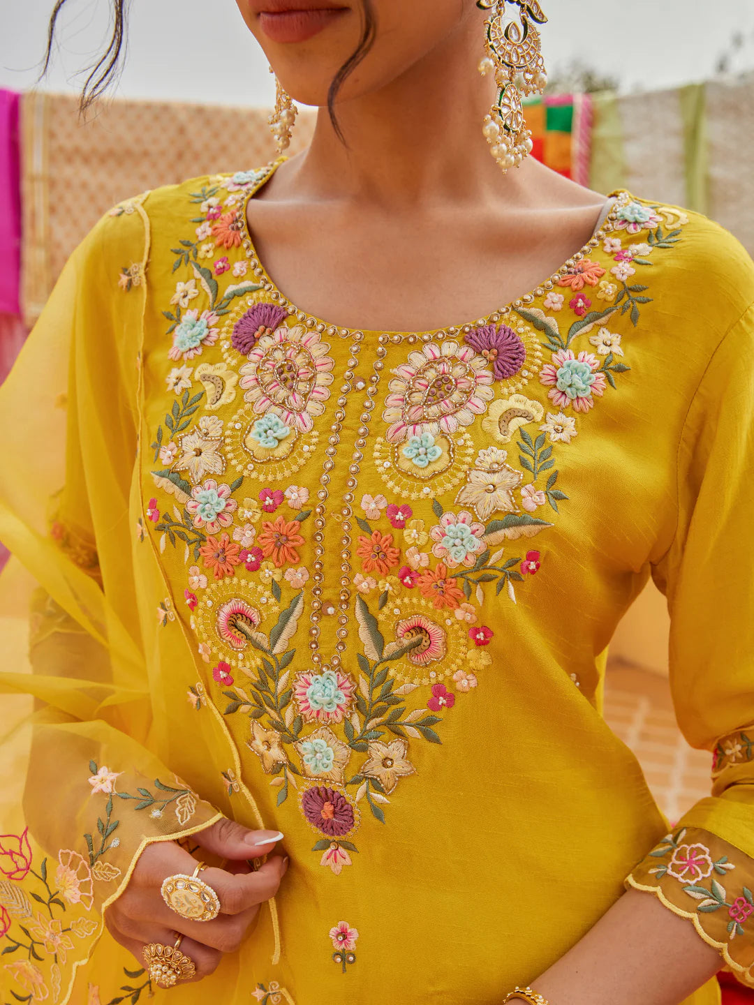 Straight Kurta with Pant & Dupatta - Yellow