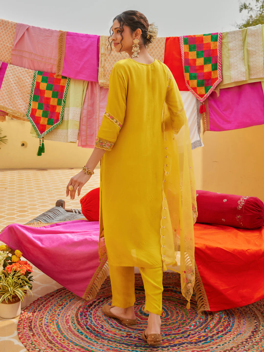 Straight Kurta with Pant & Dupatta - Yellow