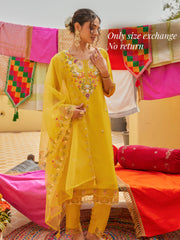 Straight Kurta with Pant & Dupatta - Yellow