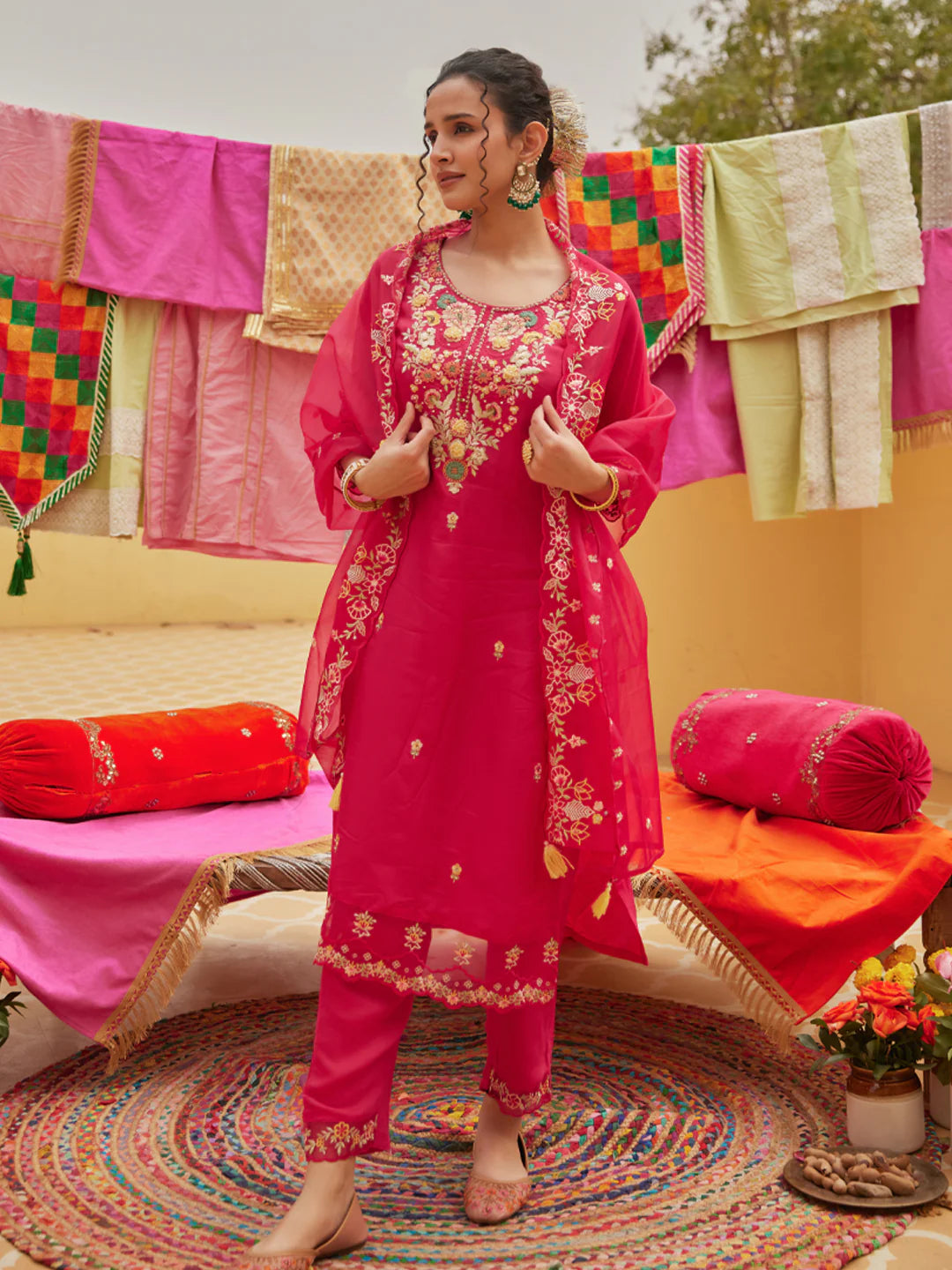 Straight Kurta with Pant & Dupatta - Yellow
