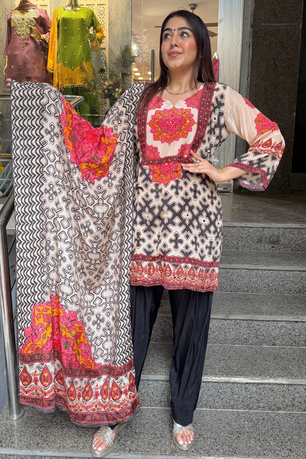 Cream & Black Printed Farshi Suit Set with Statement Dupatta
