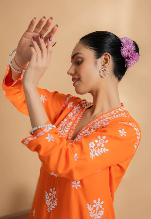 Cotton Blossom Pink Chikankari V-Neck Kurta