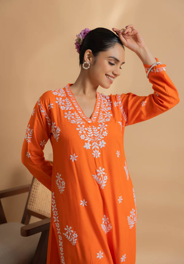 Cotton Blossom Pink Chikankari V-Neck Kurta