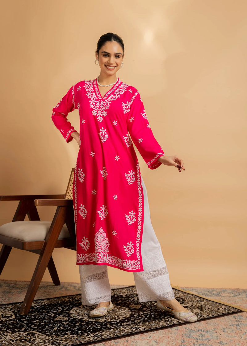 Cotton Blossom Pink Chikankari V-Neck Kurta