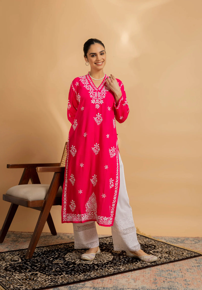 Cotton Blossom Pink Chikankari V-Neck Kurta