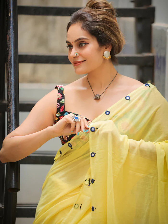 Lemon Glow Tassel Soft Mul Cotton Saree