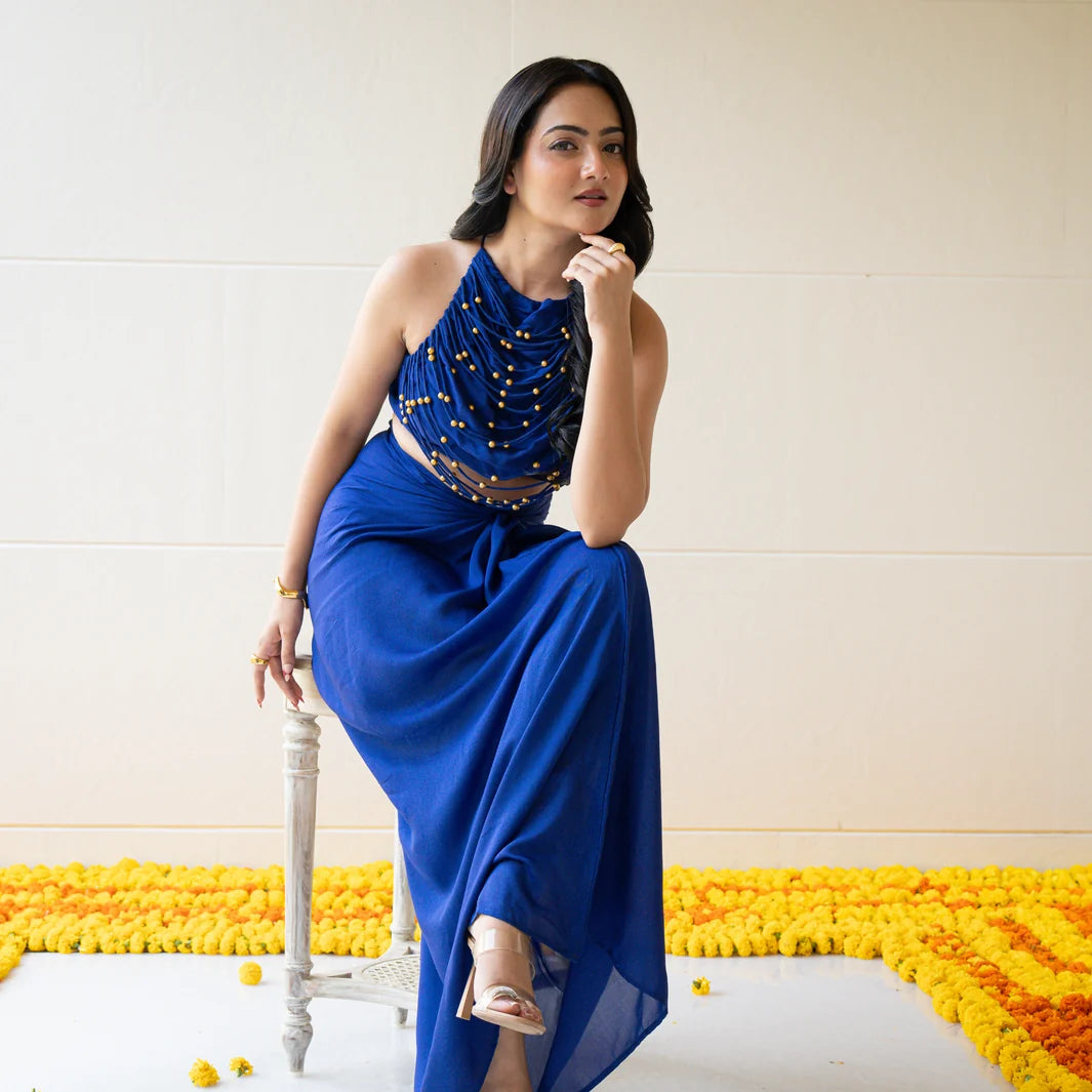 Indigo Muse Backless Draped Set