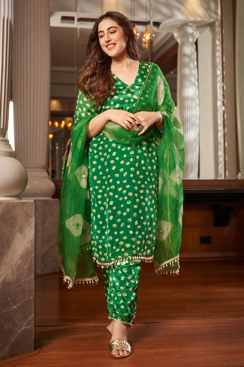 Green Bandhani Silk Suit Set