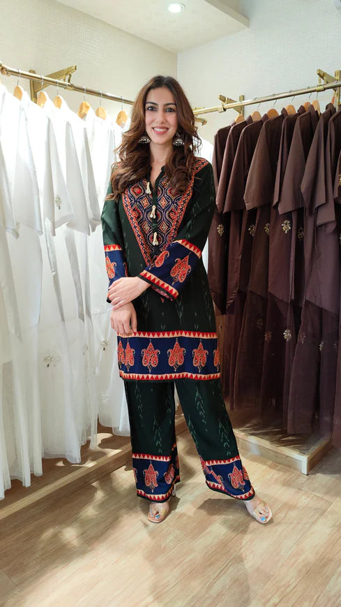Red Ethnic V-Neck Co-ord Set with Paisley Border Detailing