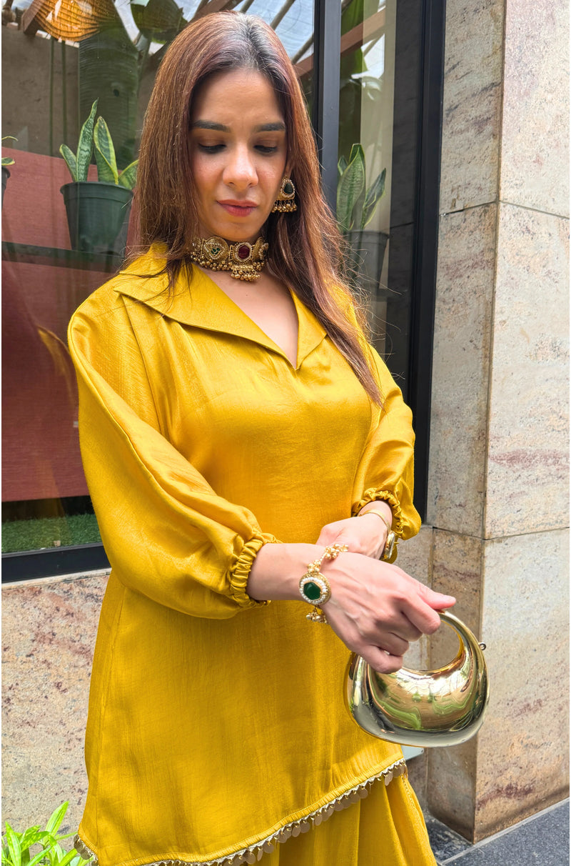 Zariya Mustard Draped Dhoti Set