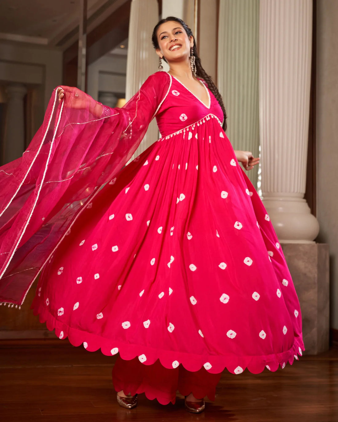 Gulnaar Pink Bandhani Silk Suit Set
